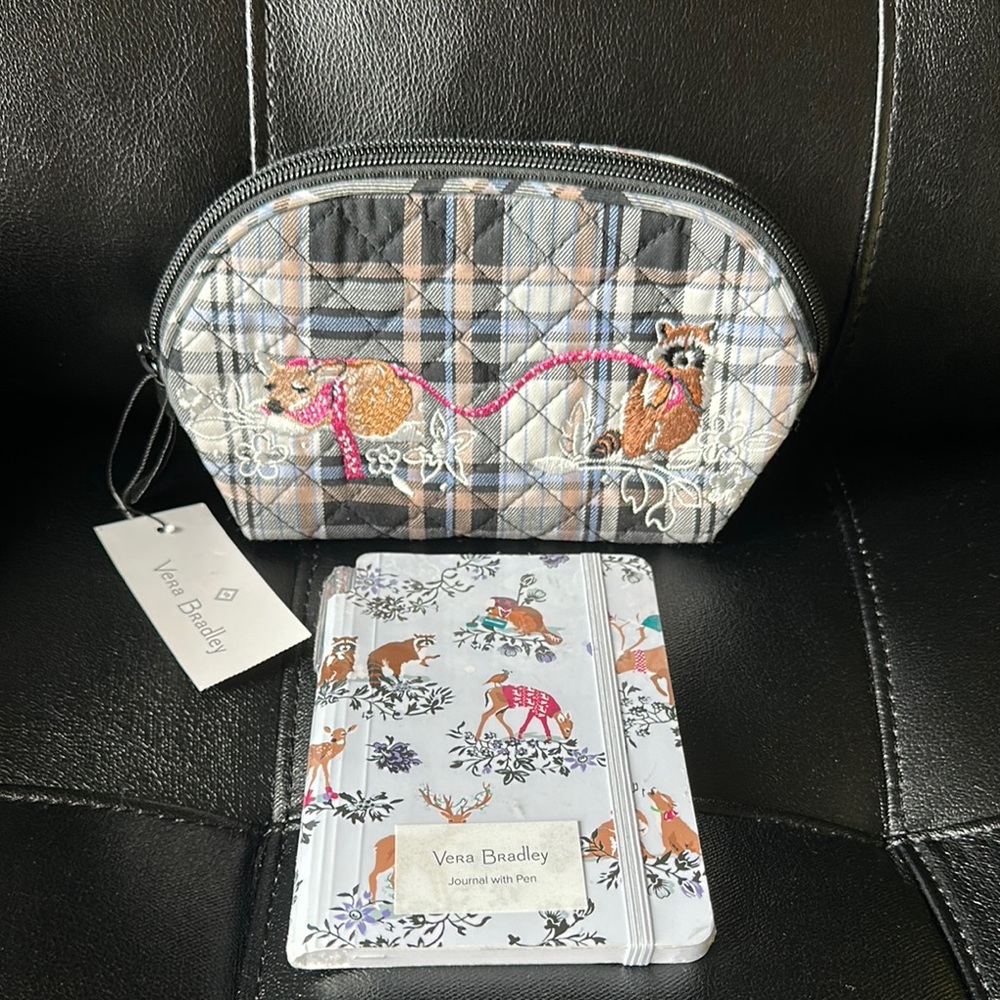 NWT Vera Bradley Plaid Cosmetic Bag and Journal Gift Set Merry Mischief blue